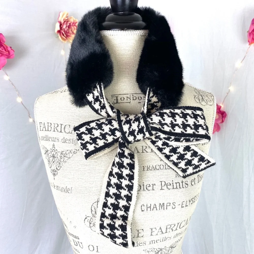 Faux Fur Neck Scarf Houndstooth Foulard Black White Tie
